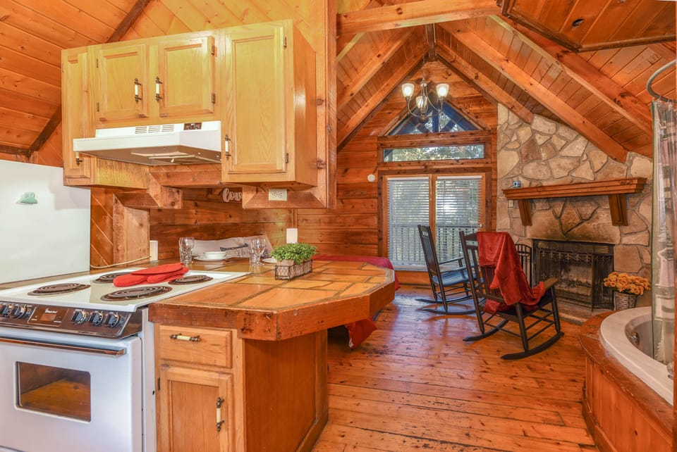 View from front door of vaulted wood ceilings
