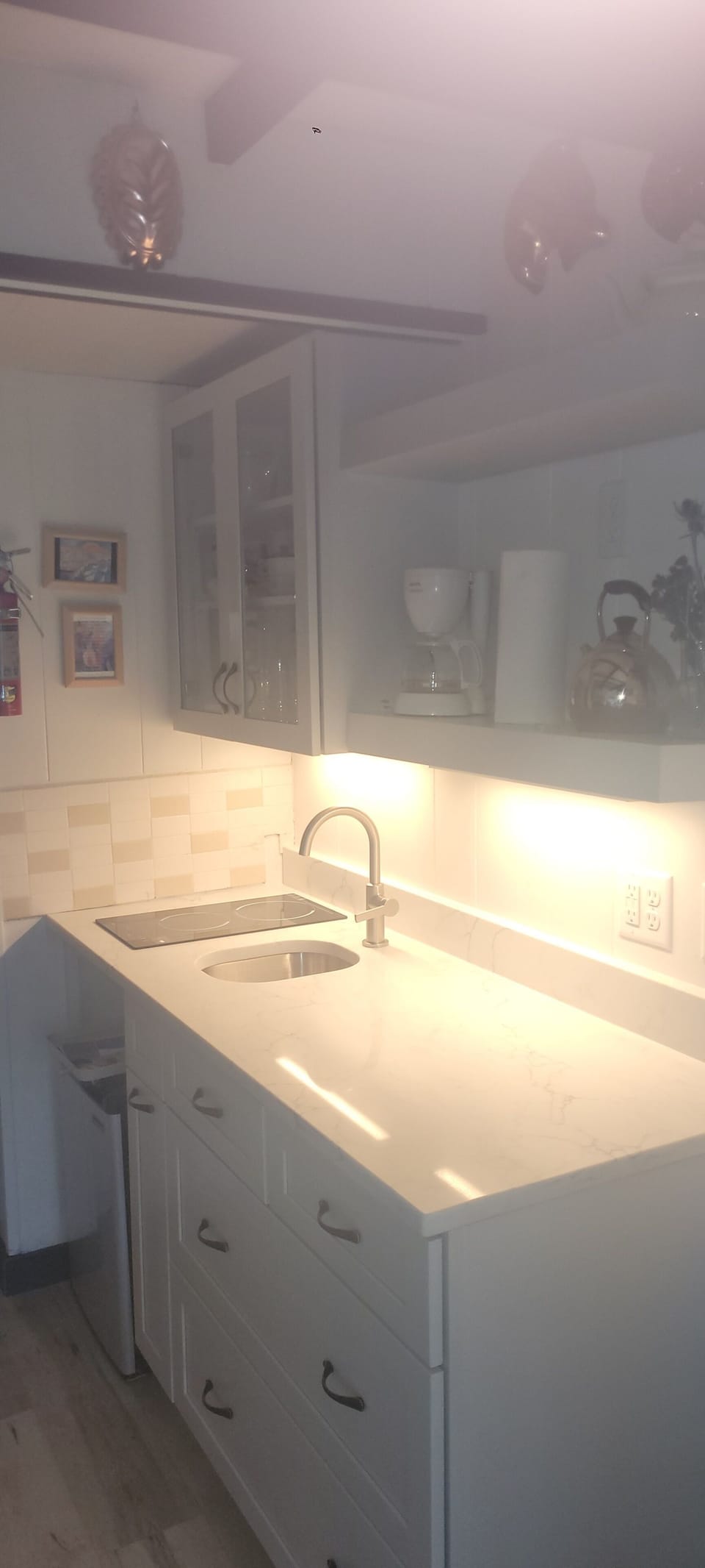 New kitchenette, with induction cooktop, cabinetry; 36" countertop to the right.