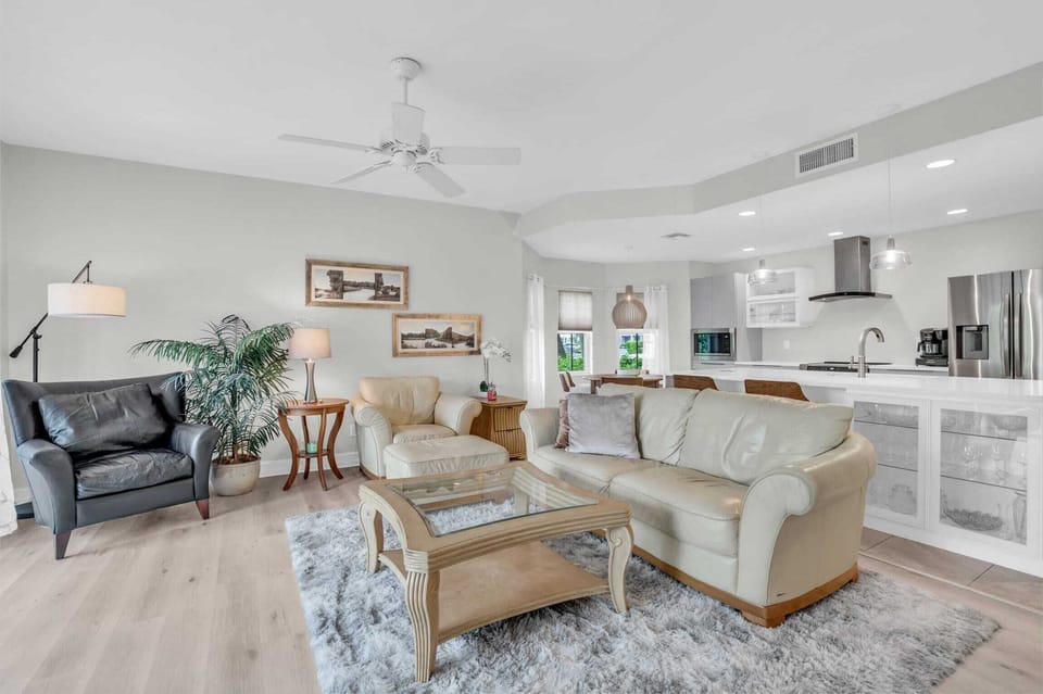 The family room has multiple seating areas