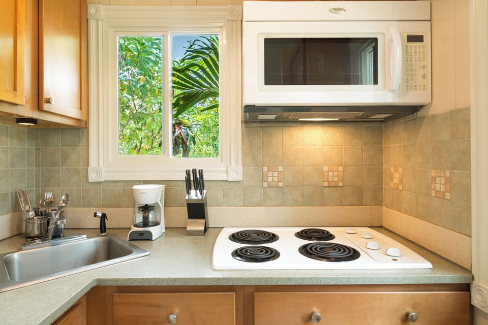 Coffee/tea maker, full-size fridge, microwave, oven