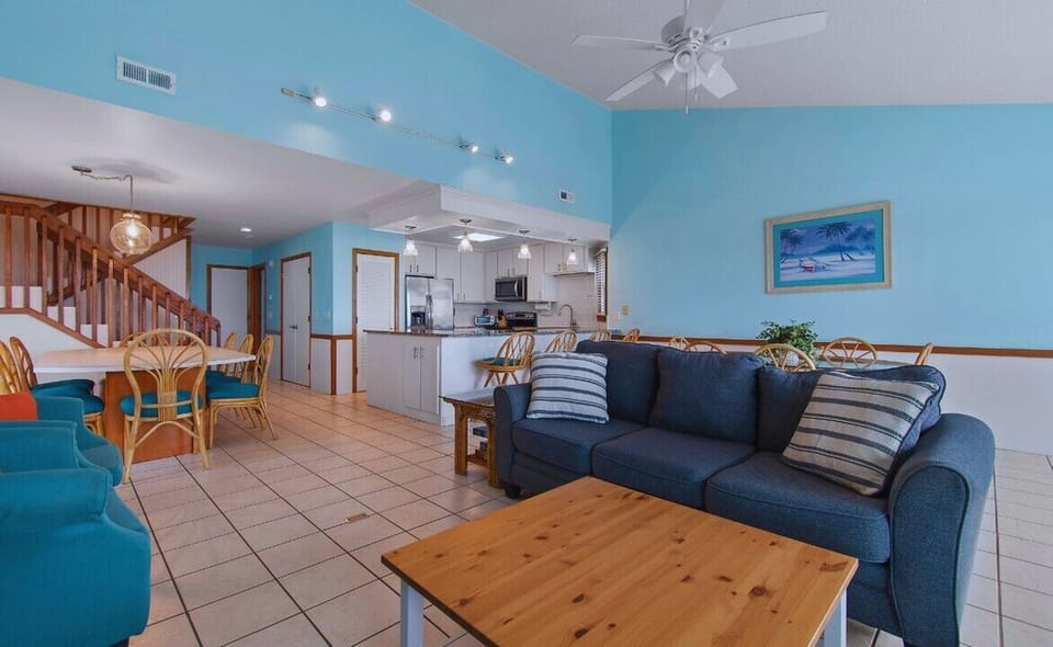 Living room, dining tables, kitchen