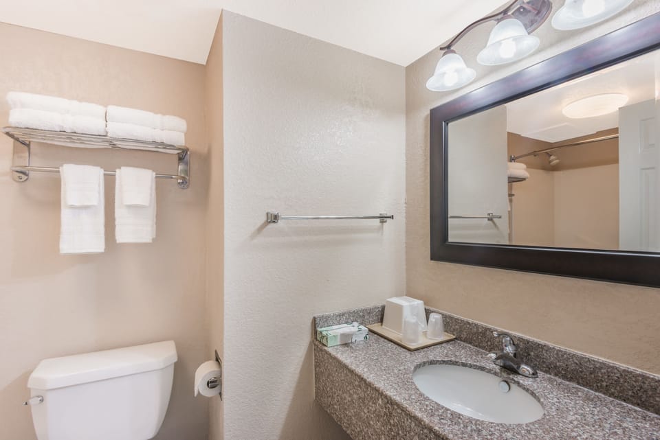 Combined shower/tub, free toiletries, hair dryer, towels