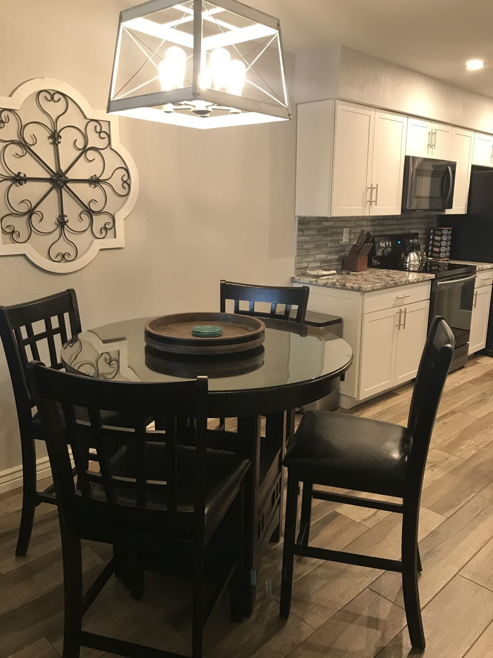 Dining room table (expansion leaf not shown). Seats up to 6 people.