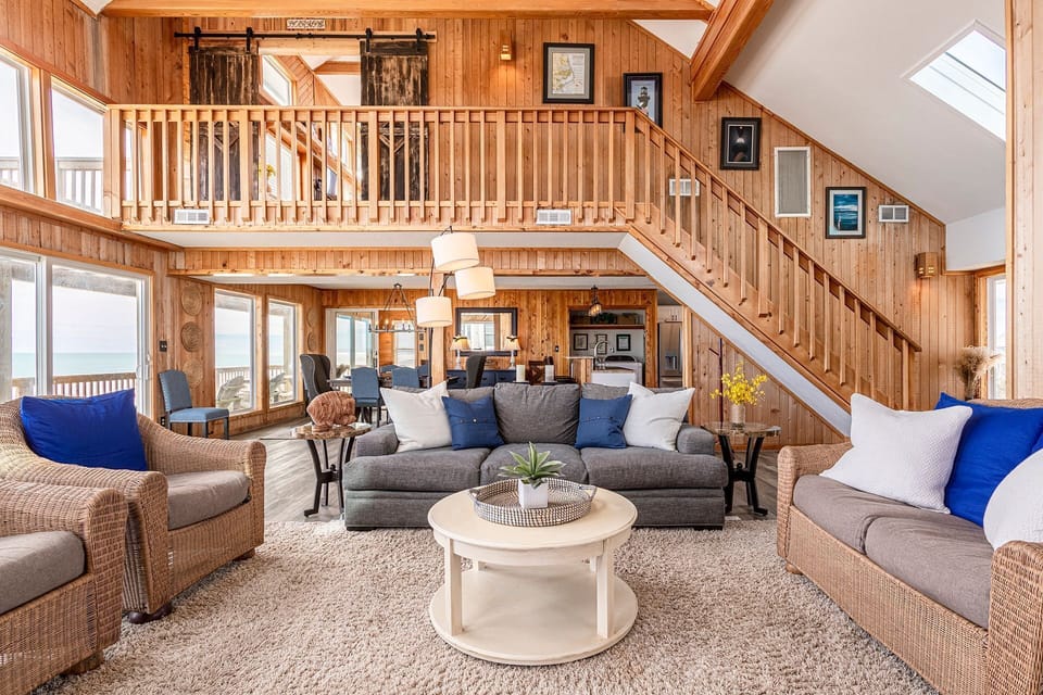 Inviting, cozy living area with loft king bedroom upstairs