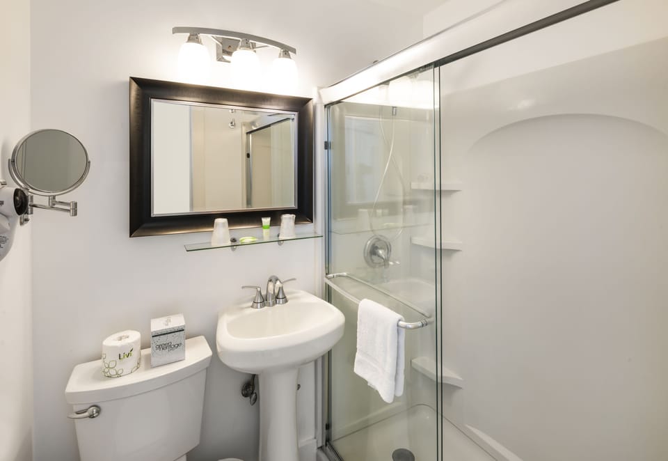  Ocean Corner Room 1 King Bed | Bathroom | Shower, free toiletries, hair dryer, towels