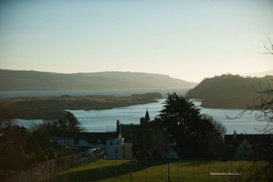 Winter view from An Cala towards Calve island, Tobermory bay and Aros park