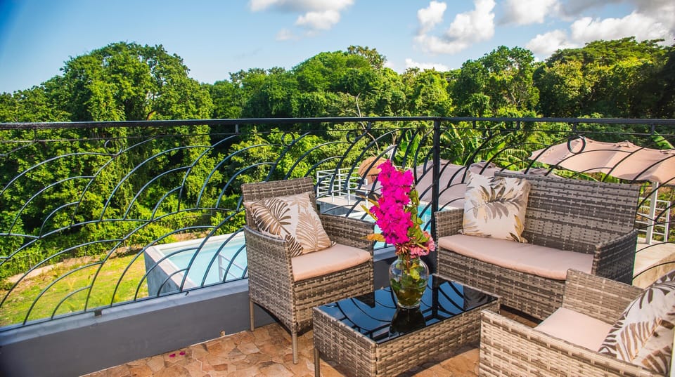Stylish outdoor lounge with relaxing forest views and peaceful tropical vibes.