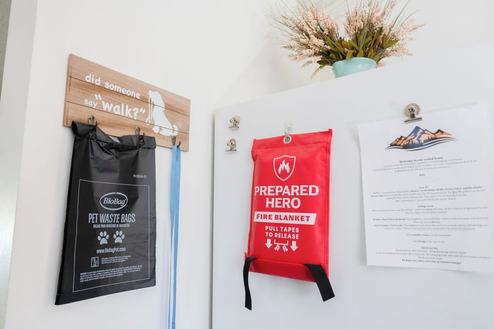 Fire blanket, pet waste bags, and check-in and out information