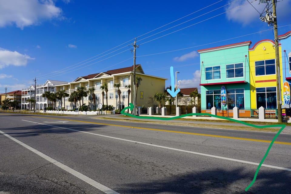 View from private beach access gate. Follow the path (green) to our door (teal)