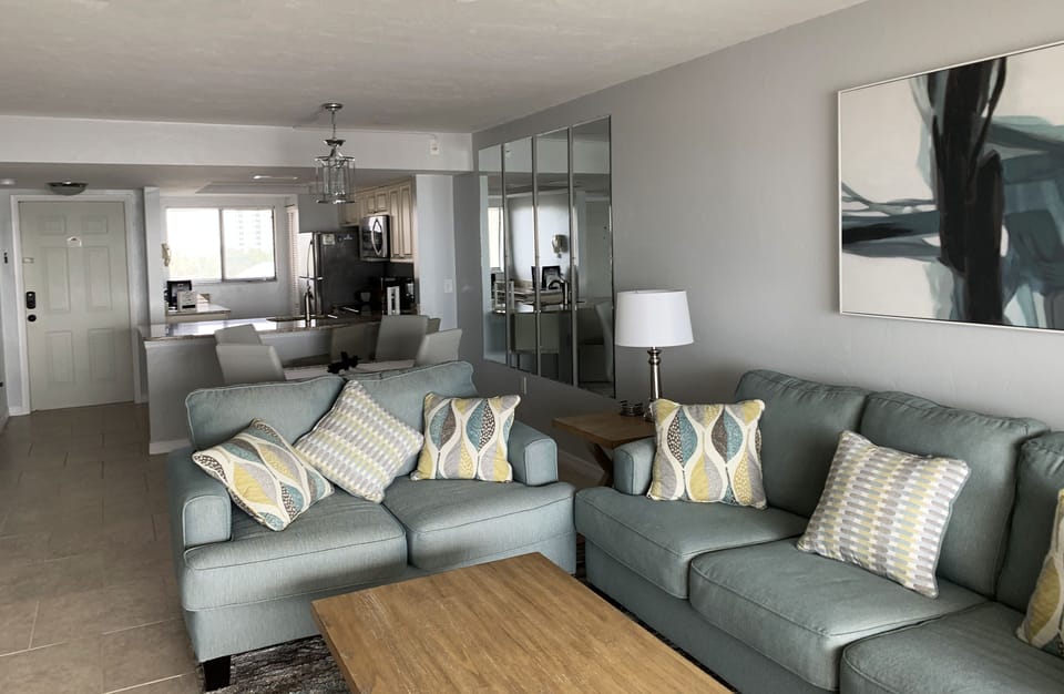 View of the living room into the kitchen