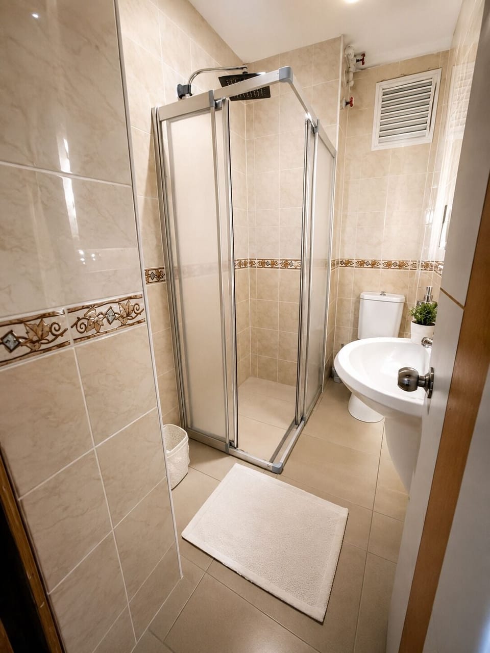 Shower, rainfall showerhead, hair dryer, slippers