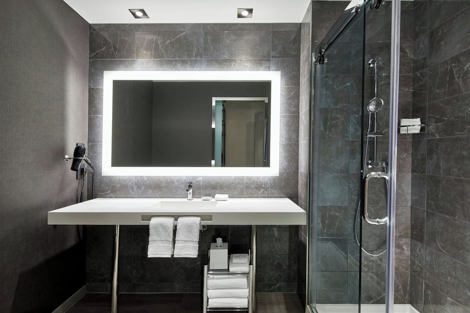 Shower, rainfall showerhead, designer toiletries, hair dryer