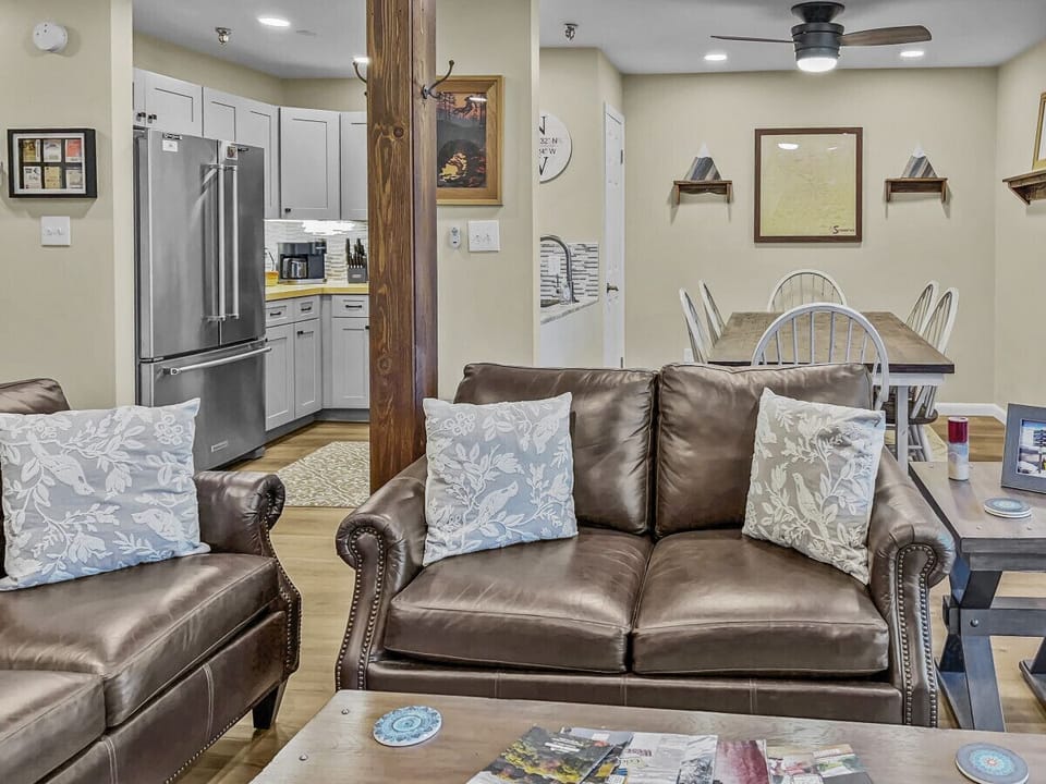 View of kitchen and dining from the living area