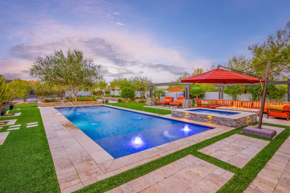 Resort-inspired grounds with a huge pool and hot tub.