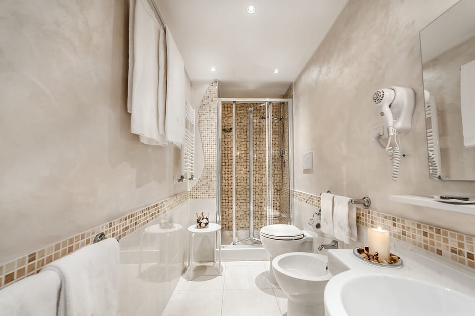 Free toiletries, hair dryer, bidet, towels
