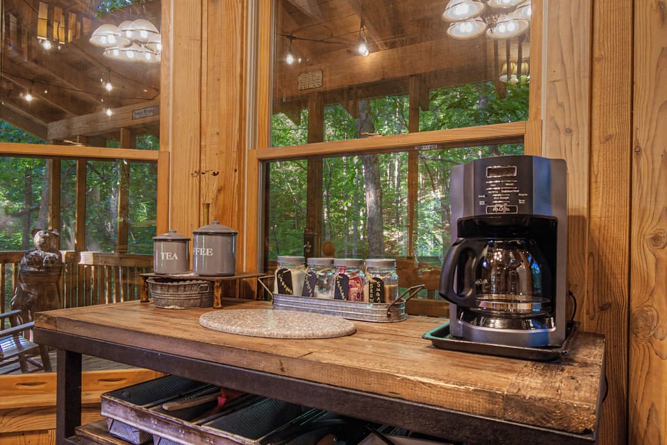 Coffee bar overlooking the screened in porch