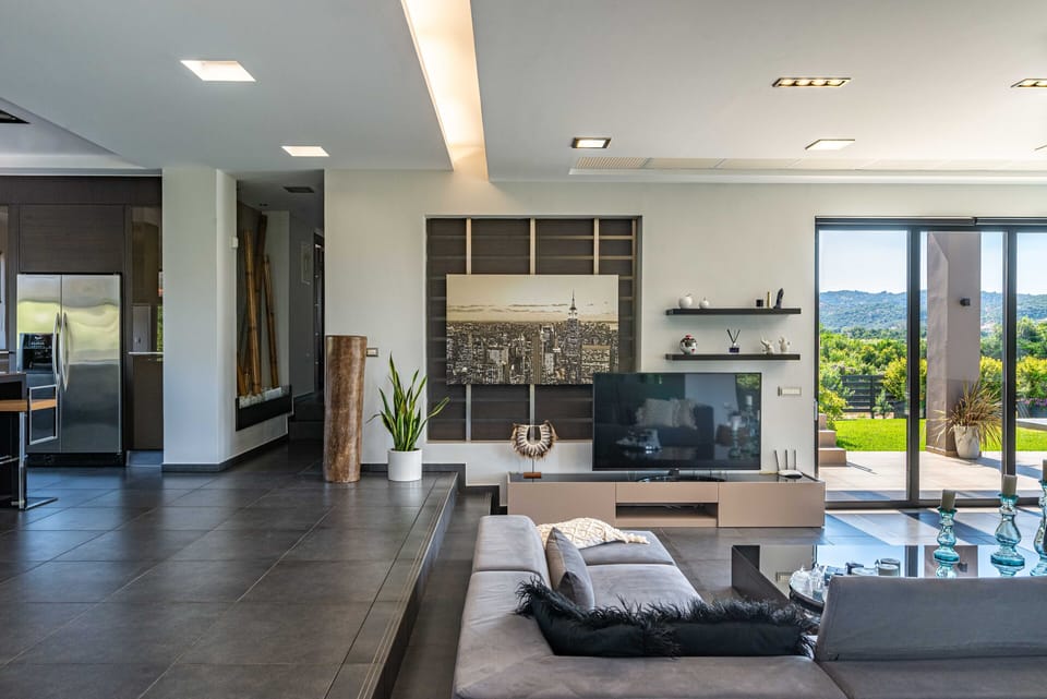 Luxury Villa, 6 Bedrooms, Private Pool, Mountain View | Living area | 60-inch flat-screen TV with satellite channels, TV, fireplace