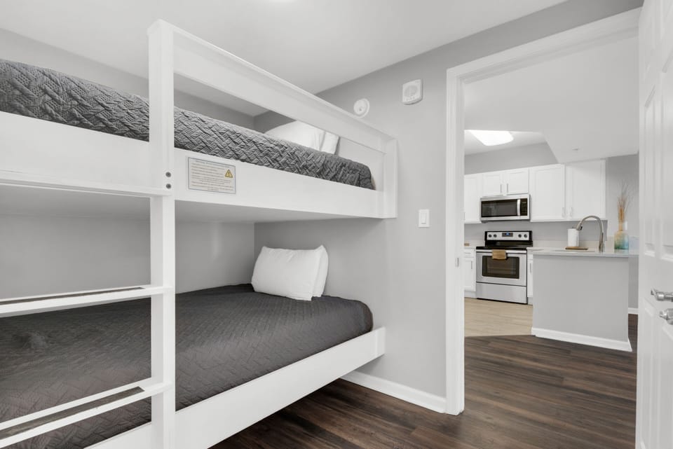 bunk bed room and kitchen