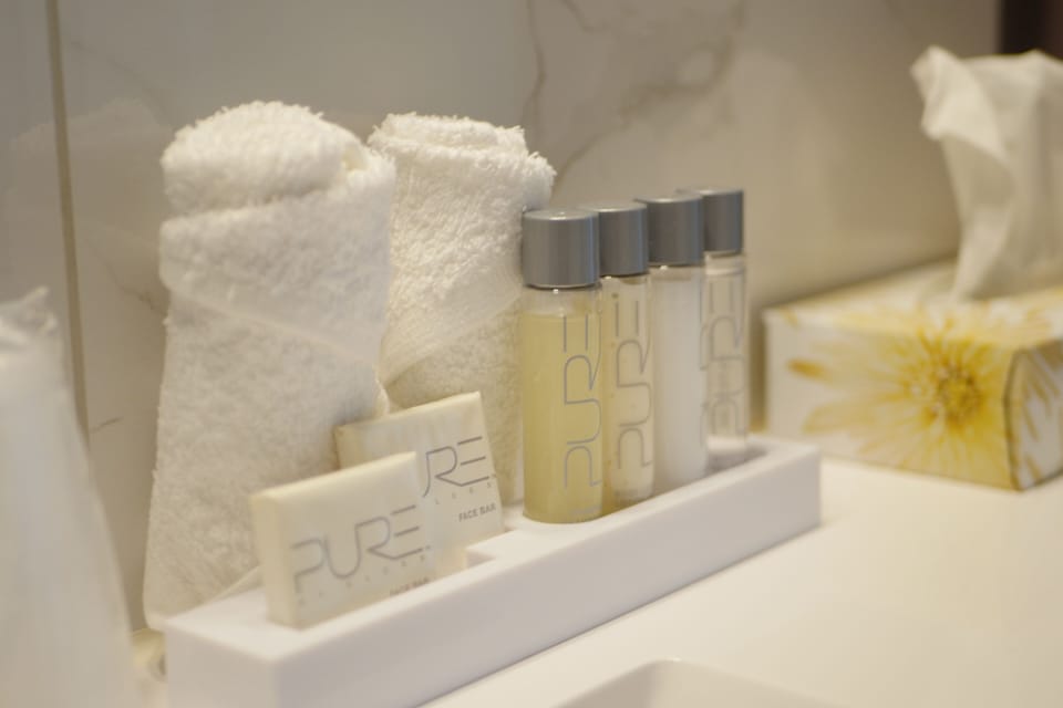 Combined shower/tub, free toiletries, hair dryer, towels