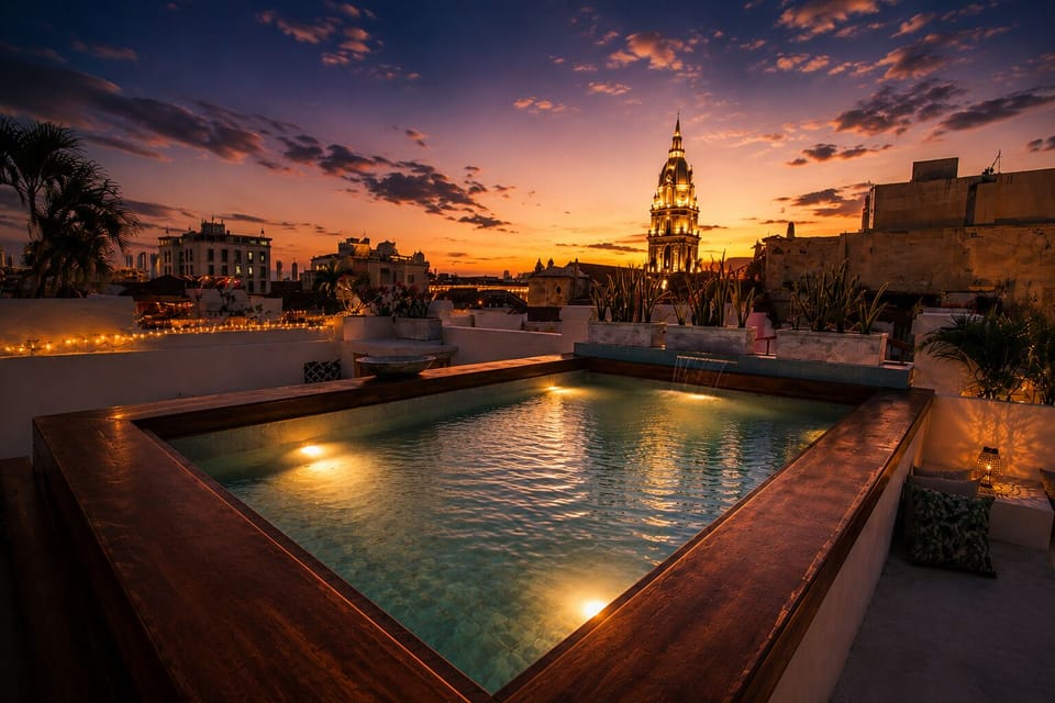 Private rooftop pool with lounge areas and Old City views.