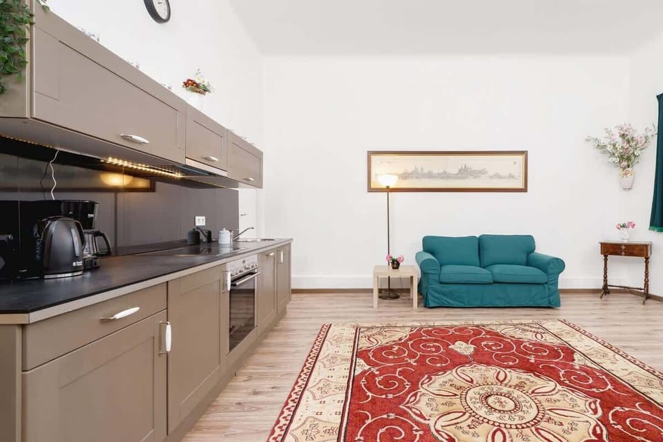 Kitchenette with plenty of kitchen utensils and dishes. 