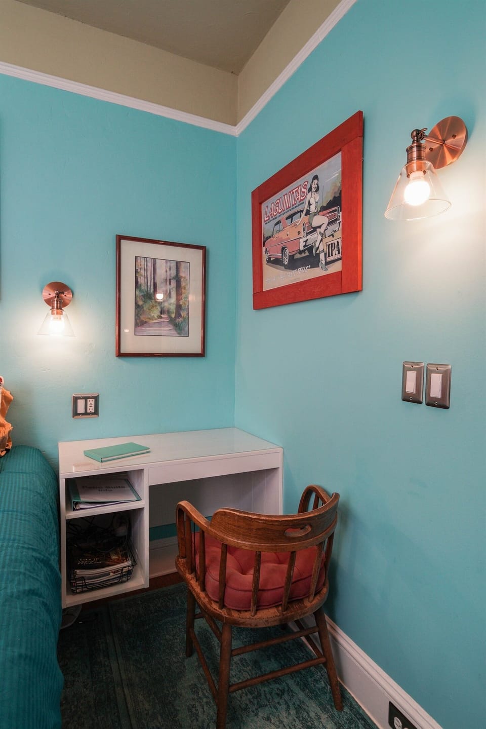 Perfect quiet, laptop-ready desk with USB ports in wall.