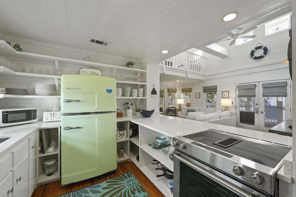FUN RETRO FRIDGE, FOUR BURNER ELECTRICAL STOVE & OVEN