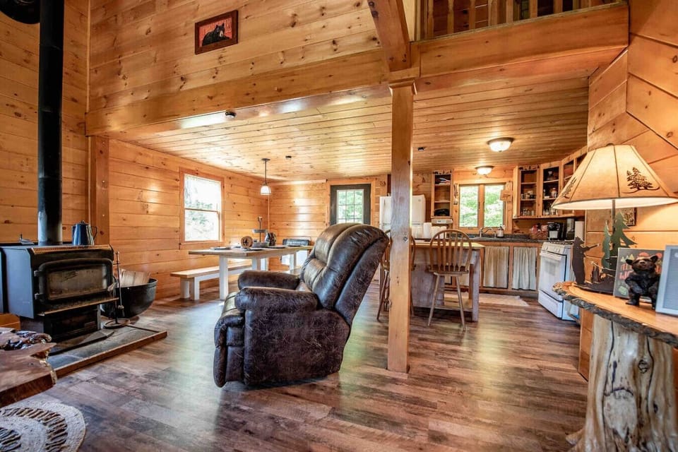 Classic cabin comfort — wood stove, rustic furniture, and serene forest views.