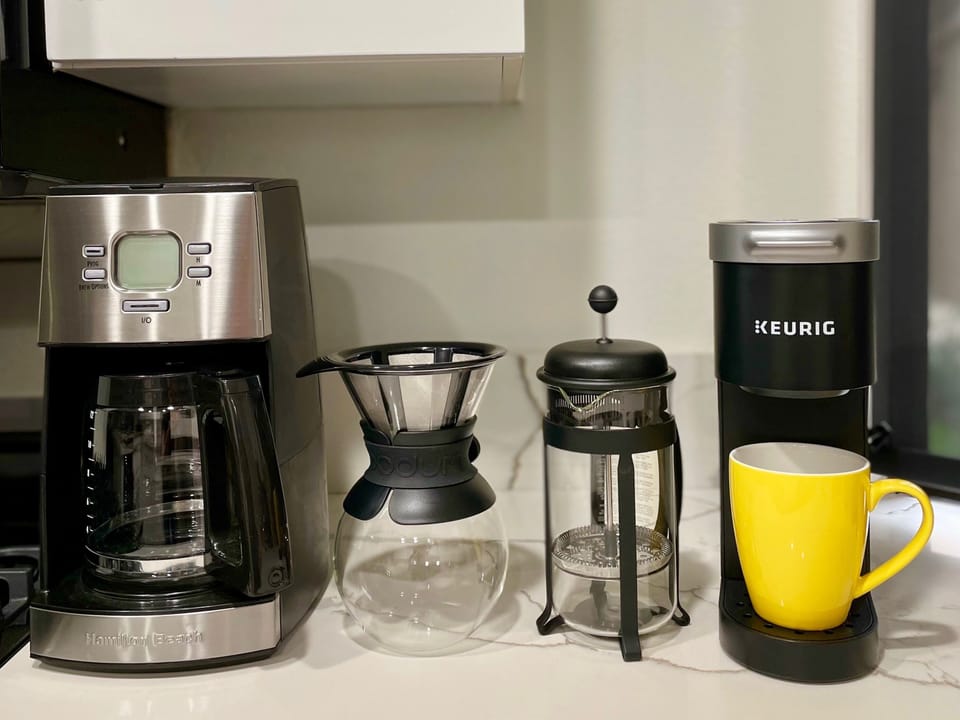 You have your choice of drip, Keurig, French press, or pour over coffee makers.
