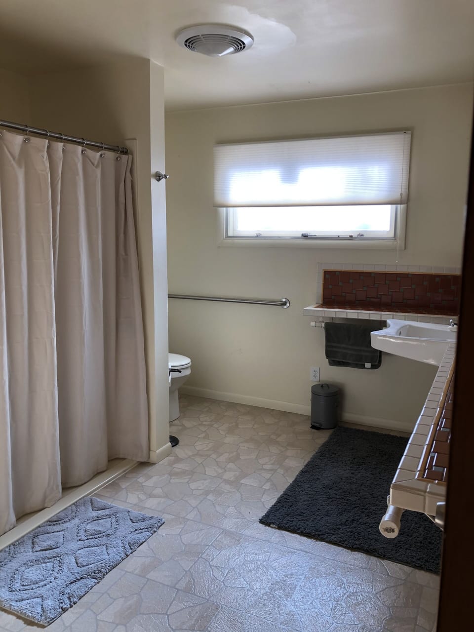 bathroom with walk in shower and wheelchair accessible sink