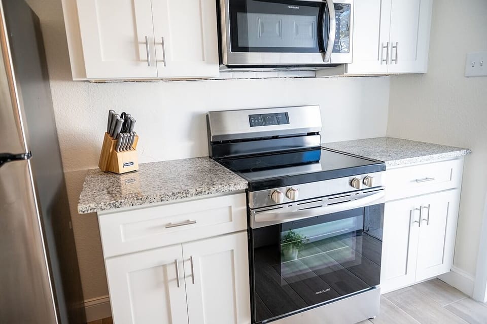 The kitchen is fully stocked with all new appliances including a full size fridge, stove/oven, microwave, and all the small appliances you will need to enjoy your vacation.  