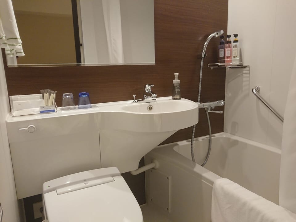 Combined shower/tub, free toiletries, hair dryer, slippers