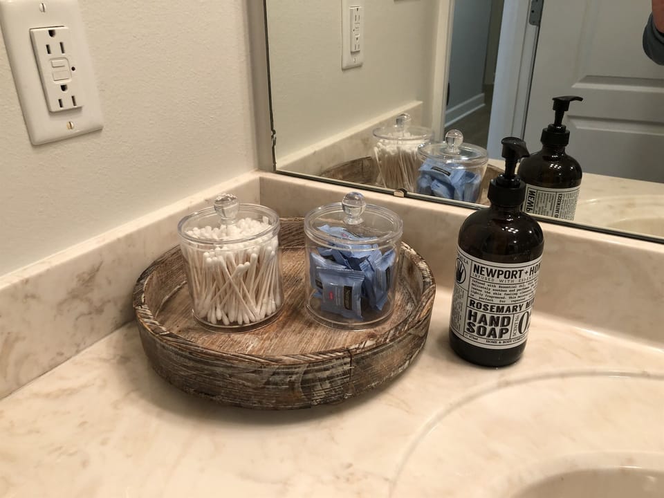 Our bathroom is equipped with all the amenities for your convenience and comfort. Each bathroom has makeup remover washclothes, Q-tips, hand soap plus enough TP, shampoo, conditioner and body soap for your stay.