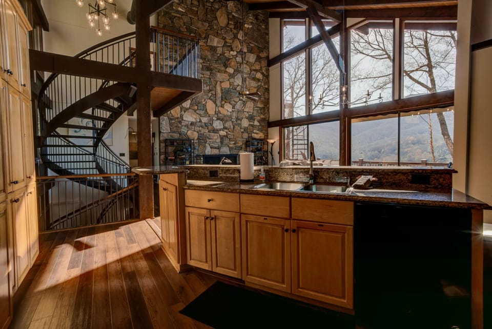 Spiral staircase connects the three levels