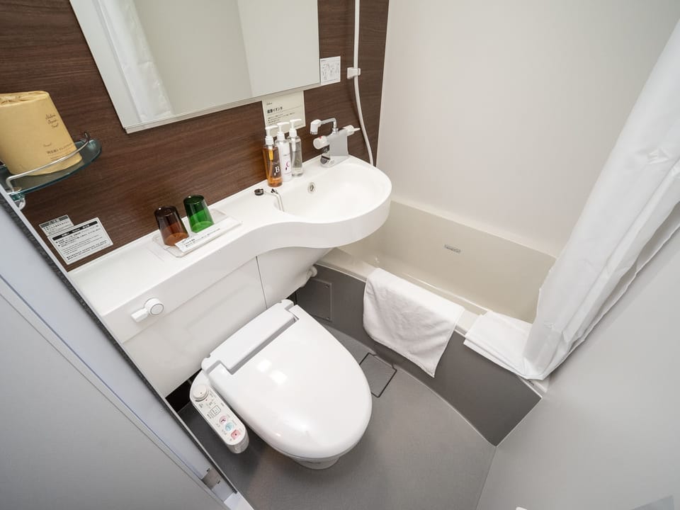 Combined shower/tub, free toiletries, hair dryer, slippers