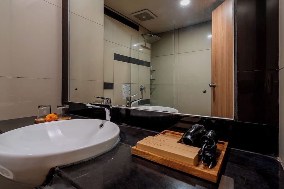 Combined shower/tub, rainfall showerhead, hair dryer, bidet