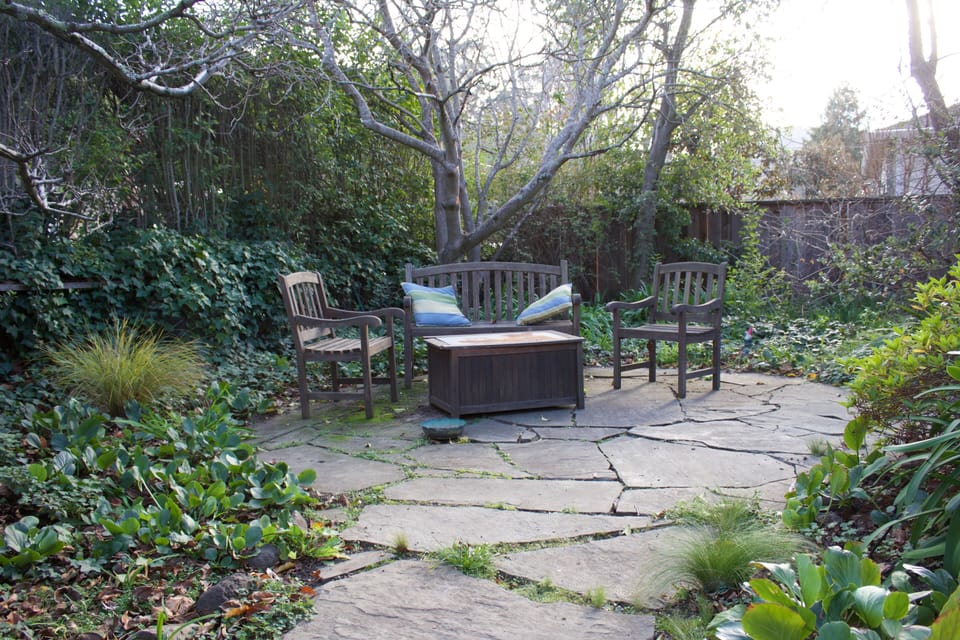Outdoor seating in the shade.