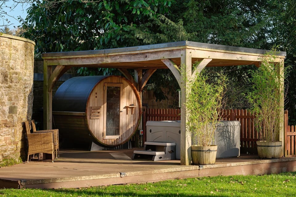 The hot tub and sauna at Albert Lodge, Welsh Borders