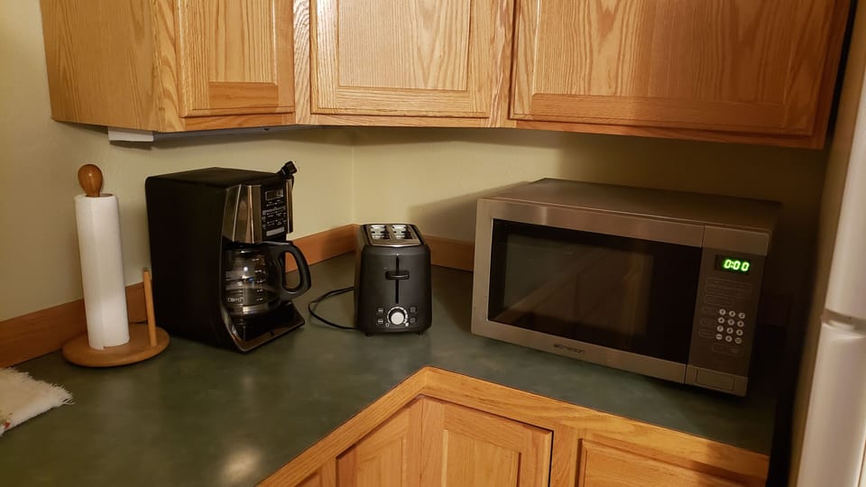 Coffee maker, toaster, microwave.