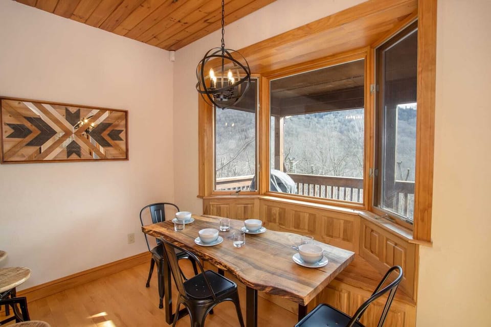 Custom Live Edge Breakfast Table in Kitchen with Views of Grandfather