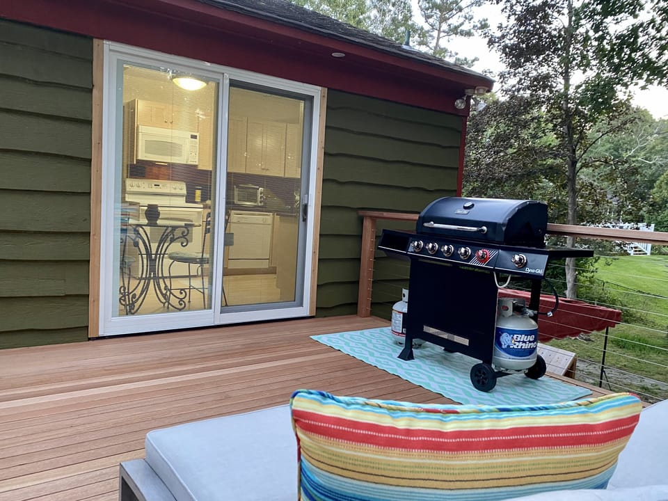 Gas grille, deck heater, fire table, dining, gated decks 3 season outdoor living