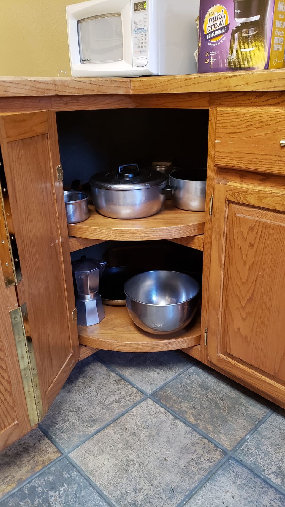 Pots and pans are stocked.