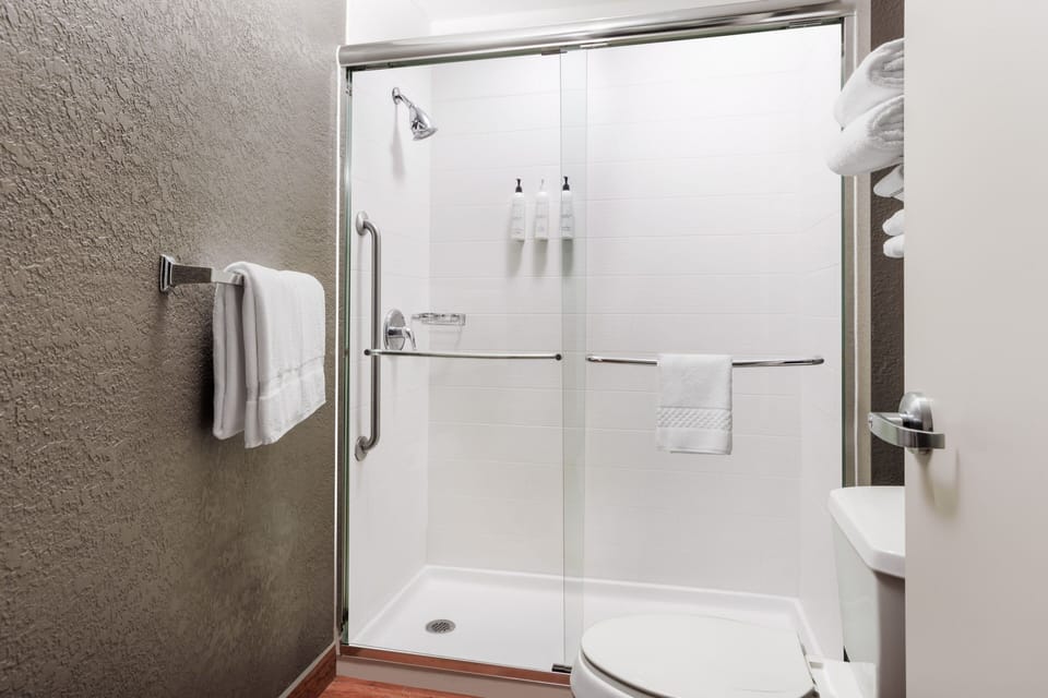Combined shower/tub, free toiletries, hair dryer, towels