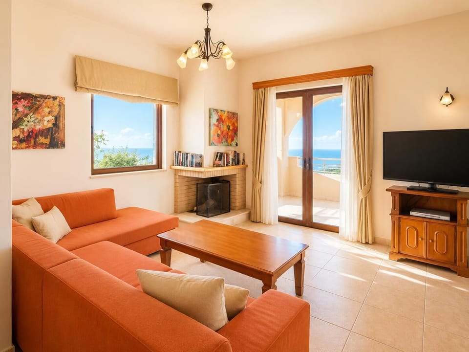 Open-plan living room with sofa, dining area, kitchen, ornamental fireplace, WiFi internet, satellite TV, DVD player, and terrace access
