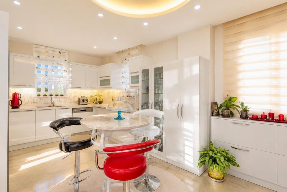 Open-plan living room with sofas, dining area, equipped kitchen, A/C, WiFi internet, satellite TV, DVD player, and pool terrace access