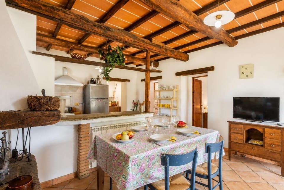 Open-plan living room on ground floor with sofa, dining area, kitchen, ornamental fireplace, WiFi internet, satellite TV, and garden access