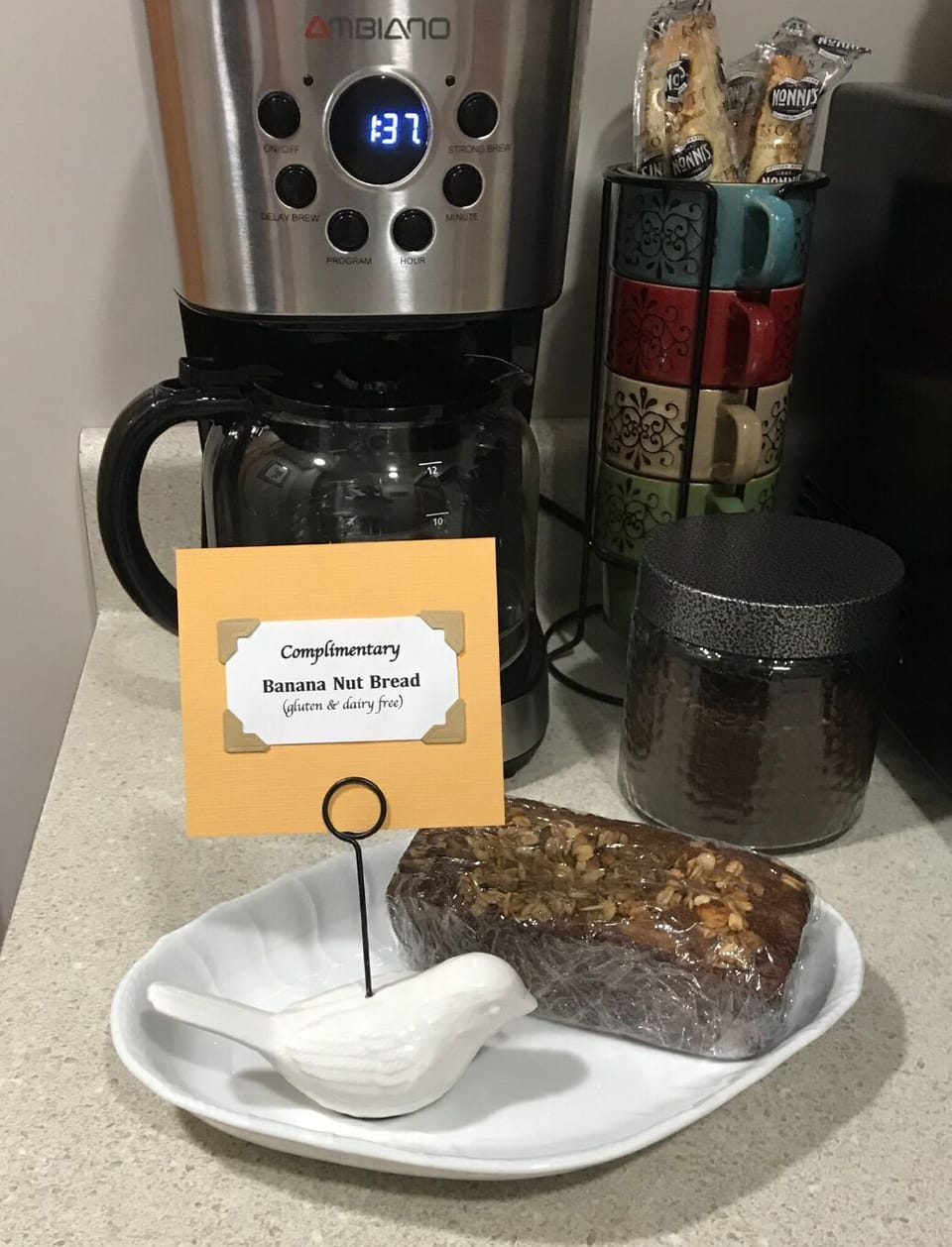 Complimentary homemade Banana Nut Bread (gluten & dairy free)