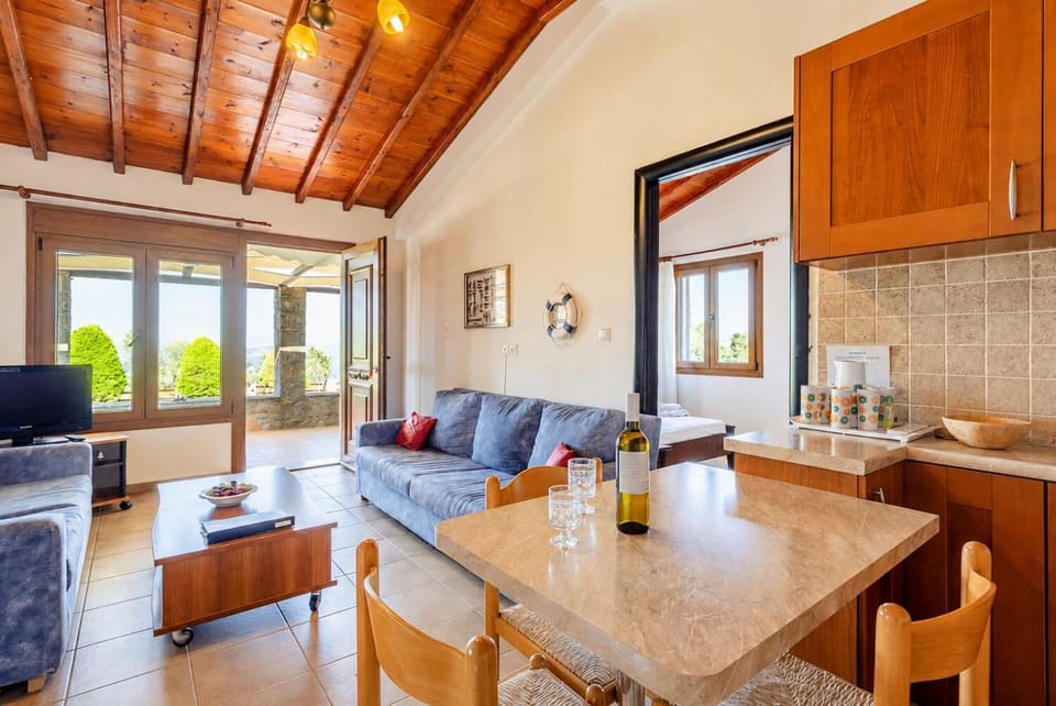 Open-plan living room with sofas, dining area, kitchen, satellite TV, WiFi Internet, DVD player, and terrace access