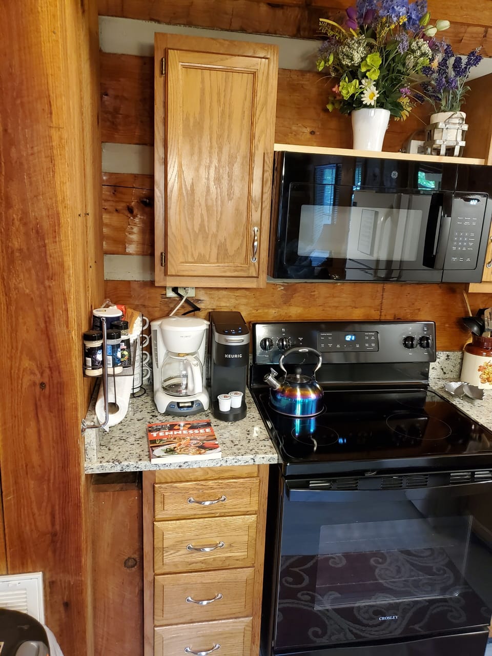 Your caffeination station, next to the new stove and microwave.