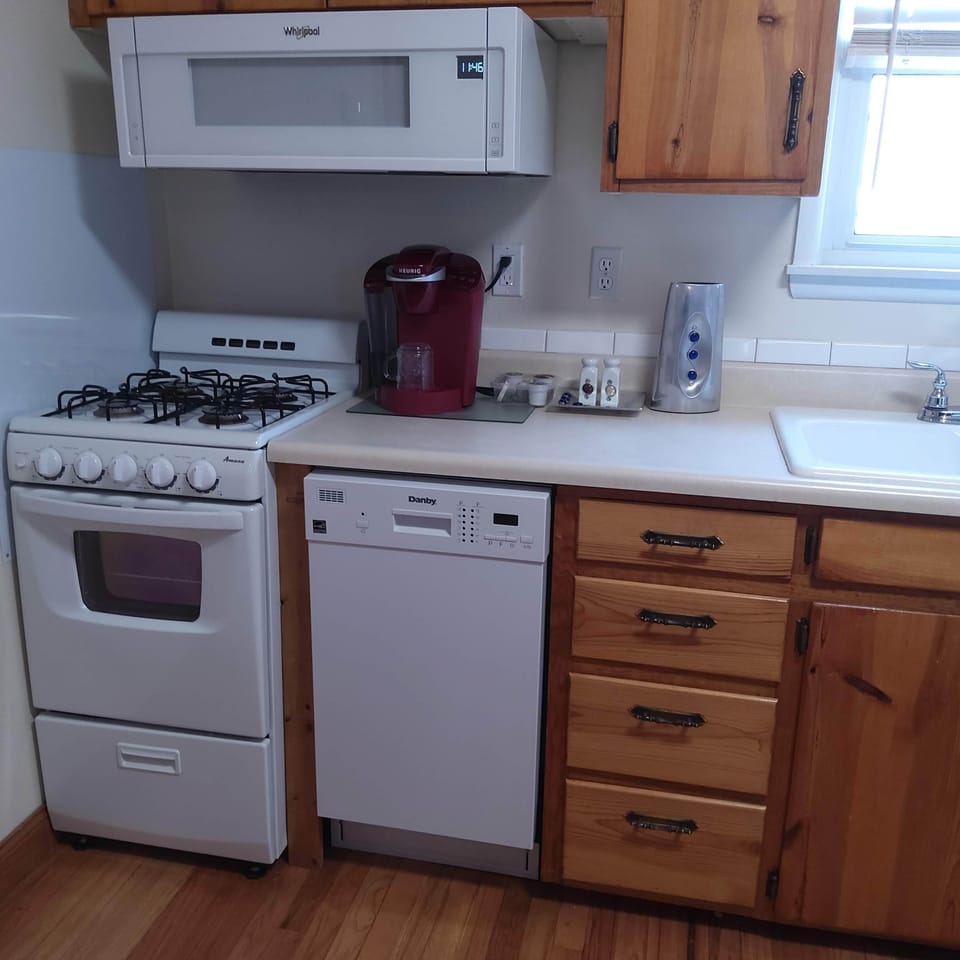 Efficient kitchen with gas stove, microwave, dishwasher, and fridge.